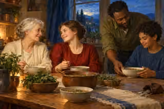 A smiling family shares bowls of herb soup around a modest kitchen table, with a few coins lying aside in a small purse.