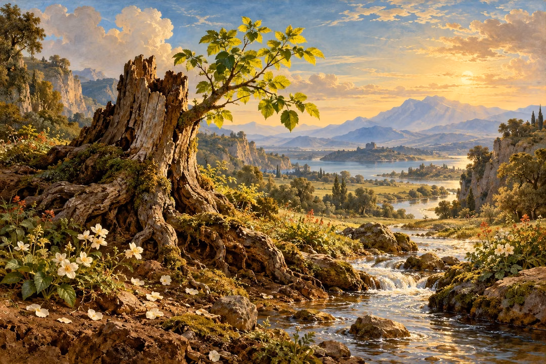 A fresh green branch sprouts from an old cut tree beside water, symbolizing hope of life renewed.