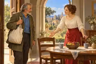 A woman welcomes an older neighbor carrying a cloth bag, offering an empty chair beside a table with fruit and two cups in warm window light.