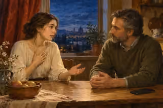 Oil painting of a father listening quietly to his daughter at a kitchen table, with a smartphone turned face down beside his relaxed hands.