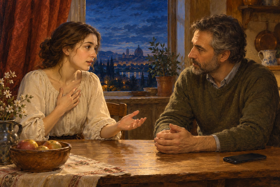 Oil painting of a father listening quietly to his daughter at a kitchen table, with a smartphone turned face down beside his relaxed hands.