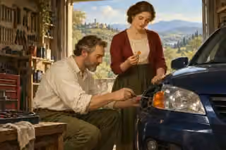 A man repairs a car's turn signal while a companion holds the spare bulb.