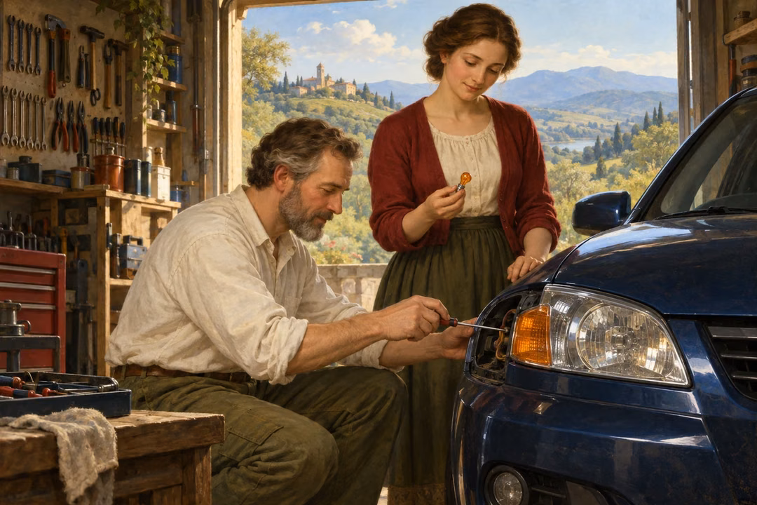 A man repairs a car's turn signal while a companion holds the spare bulb.