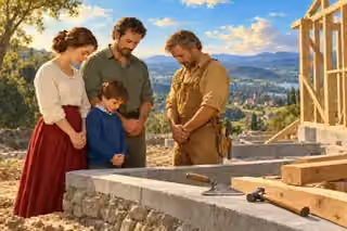 A family and a builder bow their heads in prayer beside a sturdy house foundation, with tools and timber in the foreground and a sunlit valley beyond.
