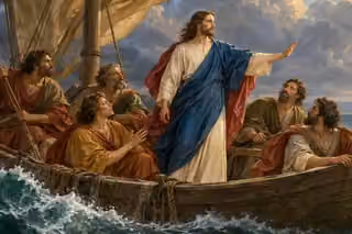 Jesus stands calmly in a wooden fishing boat as a storm gives way to luminous stillness and his disciples watch in wonder.