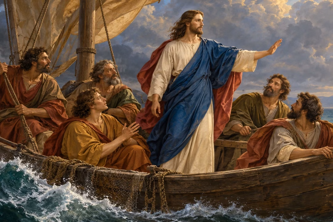 Jesus stands calmly in a wooden fishing boat as a storm gives way to luminous stillness and his disciples watch in wonder.