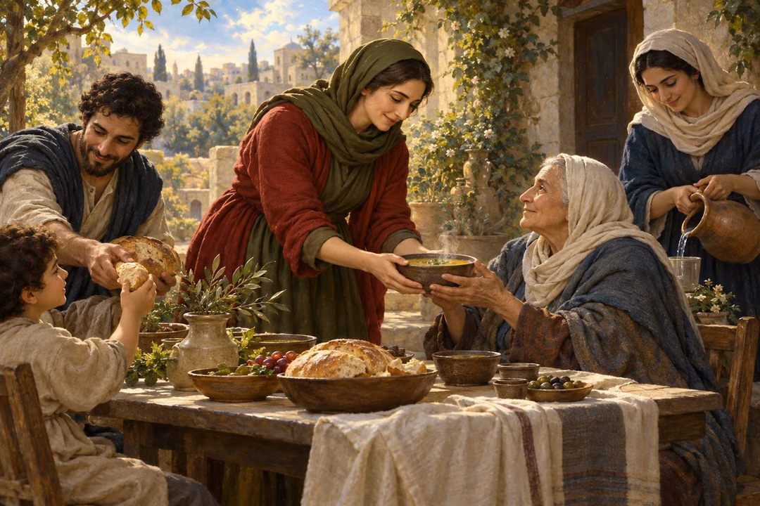 A woman shares bread and soup with neighbors at a community table.