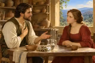 A man speaks sincerely as a woman listens in a sunlit pottery workshop.