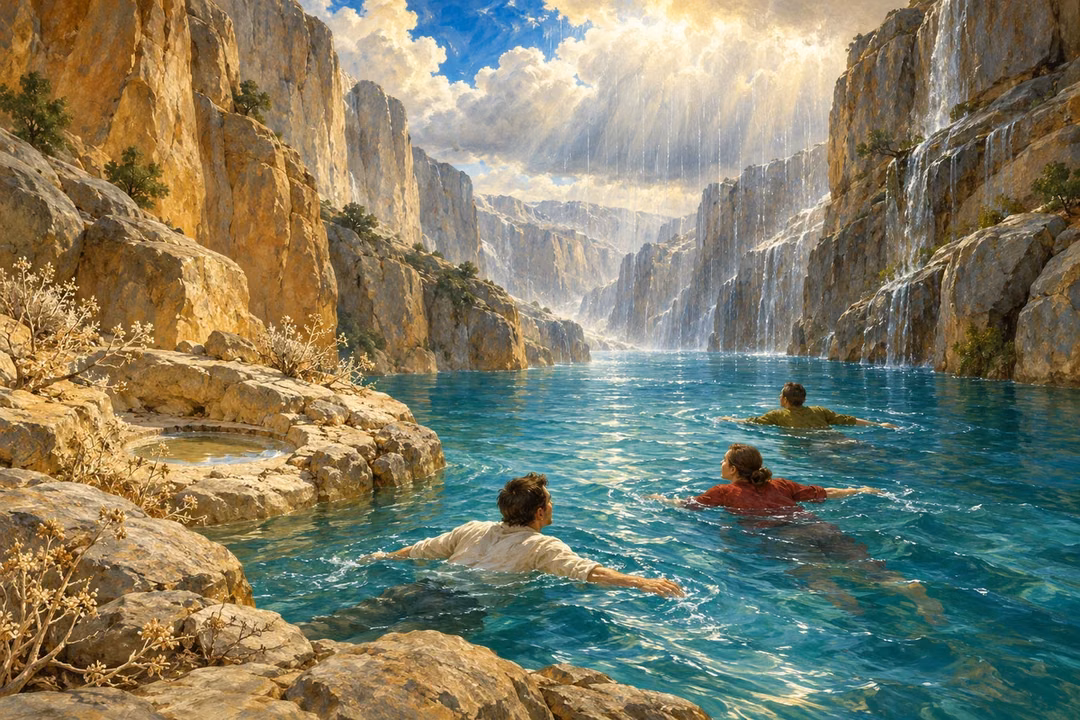 Three clothed adults float in turquoise canyon water as rain falls beneath bright clouds, with dry plants on the rocky shore.