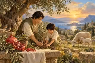 A father and son tend a sapling beside seeded fruit, paired birds and a ewe with her lamb.