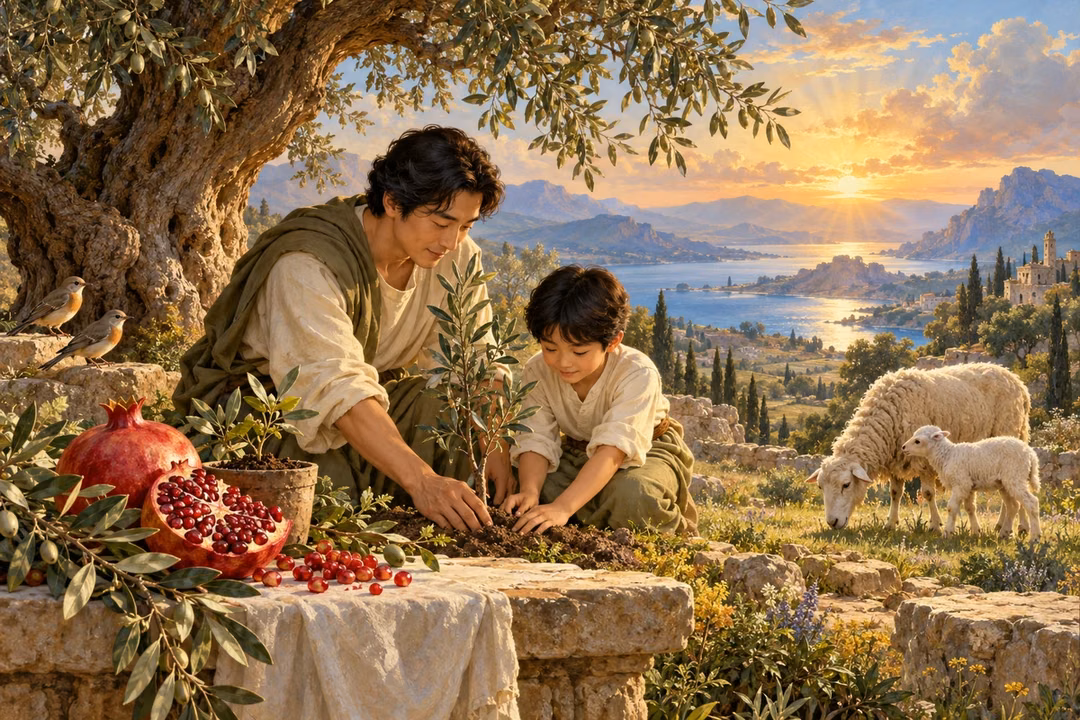 A father and son tend a sapling beside seeded fruit, paired birds and a ewe with her lamb.