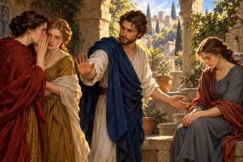 A man discourages whispering and reaches toward a woman distressed by slander.