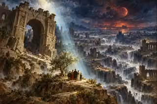 A small group shelters beneath divine light beside an olive tree amid a monumental broken landscape.