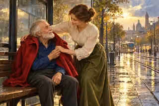 A young woman wraps a crimson coat around an elderly man at a rain-washed tram shelter, sharing a gentle smile and touch of neighborly care.