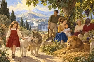 A child leads a lamb beside a peaceful wolf while a family rests under a fig tree and a lion lies nearby.