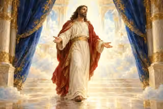 Christ stands with open hands between parted blue curtains in a luminous ivory and gold heavenly sanctuary.