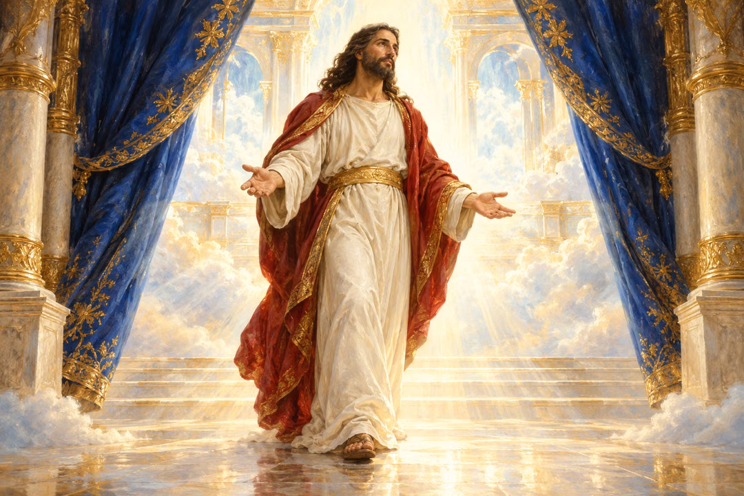 Christ stands with open hands between parted blue curtains in a luminous ivory and gold heavenly sanctuary.