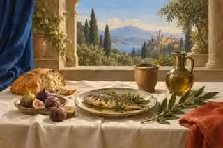 A modest meal of bread, figs, fish and water rests beside a laurel sprig at an open garden window.