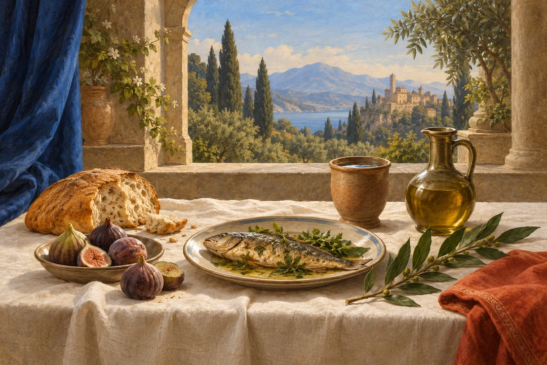 A modest meal of bread, figs, fish and water rests beside a laurel sprig at an open garden window.
