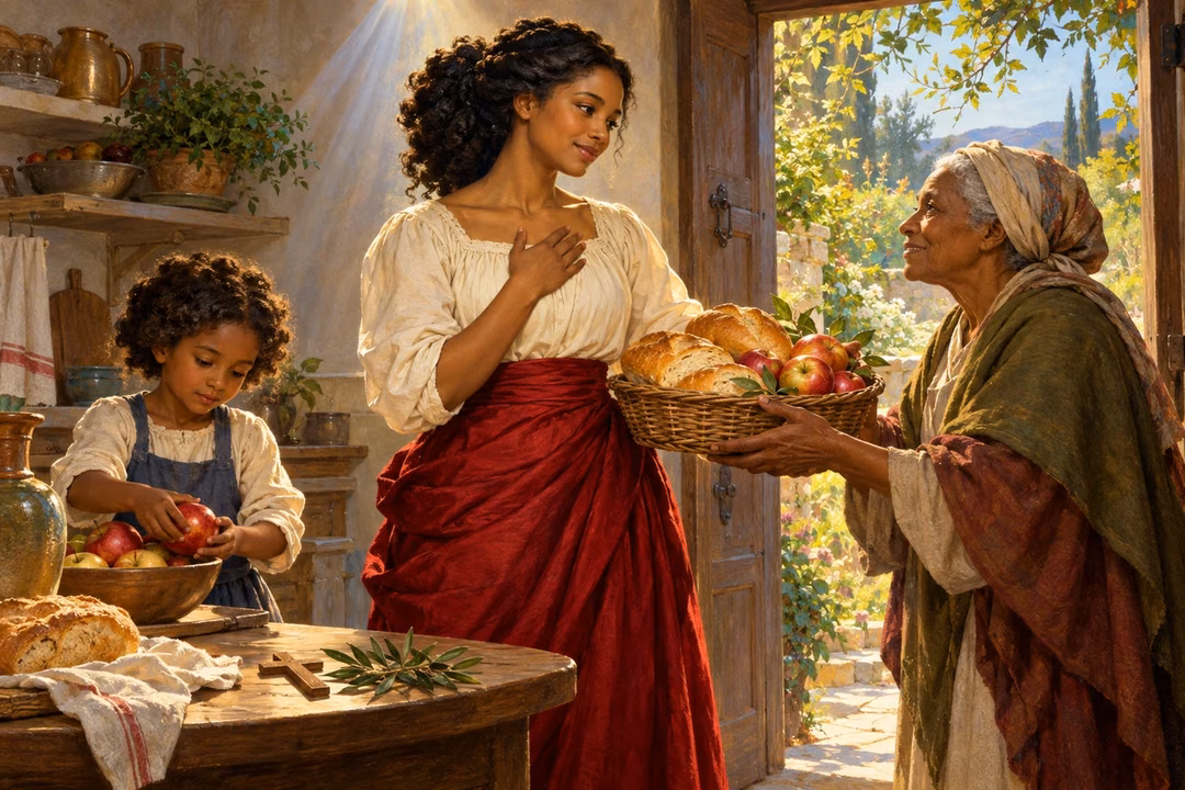 A grateful woman shares bread and fruit with her neighbor, embodying grace and renewed life.