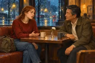 A young woman in a red sweater speaks openly with an attentive older man in a café as rain falls outside.
