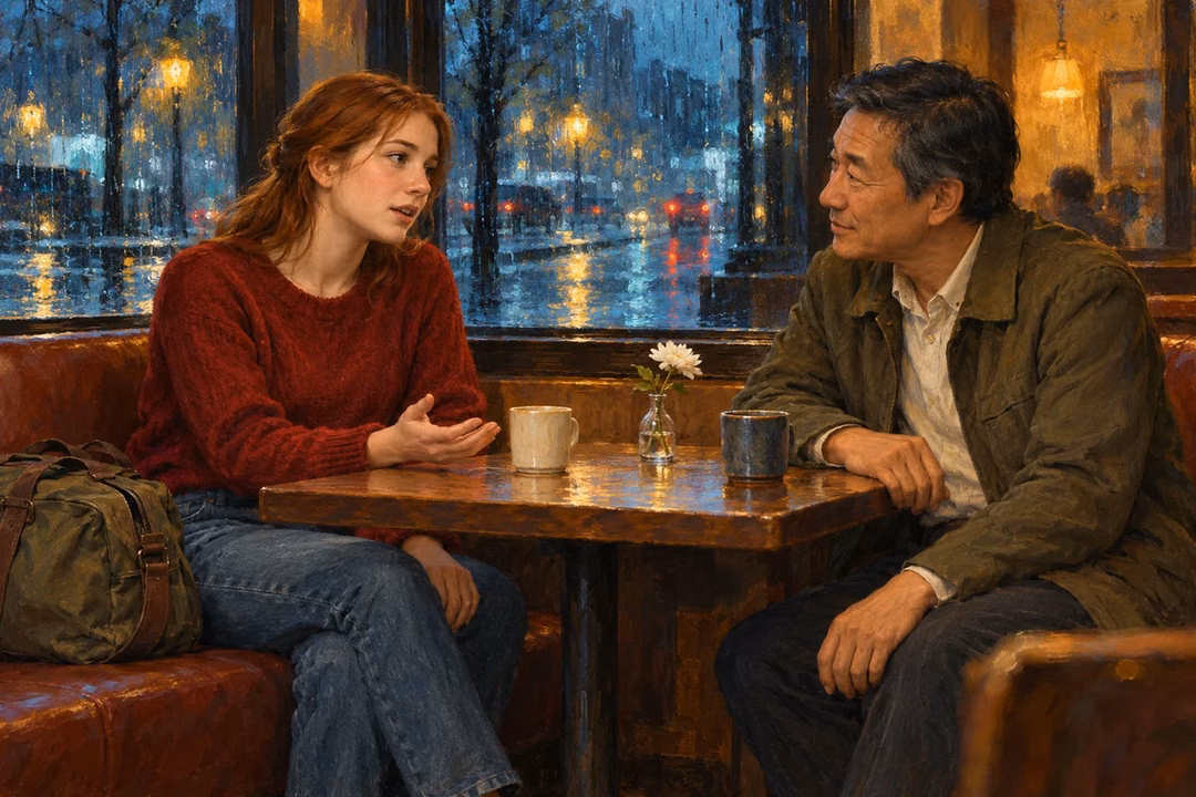 A young woman in a red sweater speaks openly with an attentive older man in a café as rain falls outside.