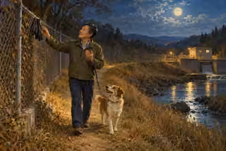 A grateful man finds his missing driving gloves on a fence during a moonlit walk with his dog.