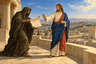 Raphael-inspired painting of Jesus in blue, crimson and ivory raising an open hand toward a hooded tempter who offers a blank parchment scroll on a stone temple rooftop above ancient Jerusalem.