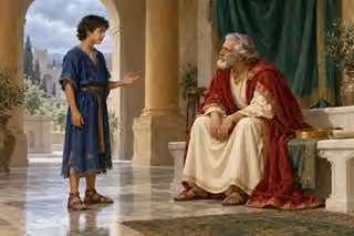An old king in crimson leans forward to listen to a plainly dressed youth in a stone palace chamber, his circlet set aside.