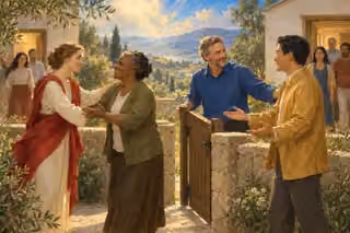 Believers warmly greet one another through an open courtyard gate, joining two groups in pearl-lit fellowship against olive hills.