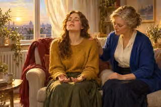 A young woman in a gold sweater prays with open hands in a sunlit apartment as an older woman rests a supportive hand on her shoulder.
