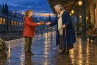 A girl in a crimson coat returns a purse to an elderly woman with a cane at a railway station at dusk.