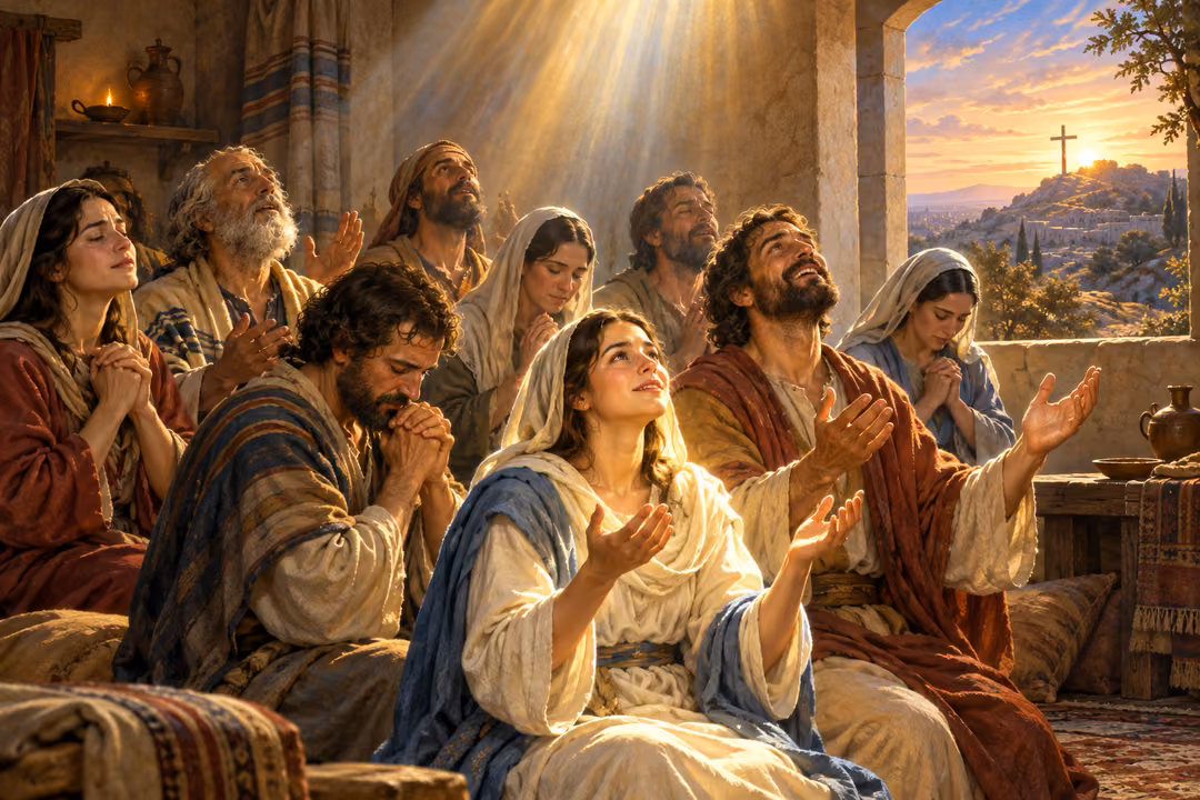 Believers pray together in a sunlit room with an empty cross visible on a distant hill.