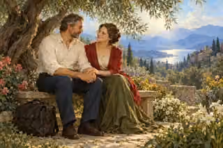 Oil painting of two relieved friends sitting beneath an olive tree in a quiet garden, their hands joined and a heavy work bag set down at their feet.
