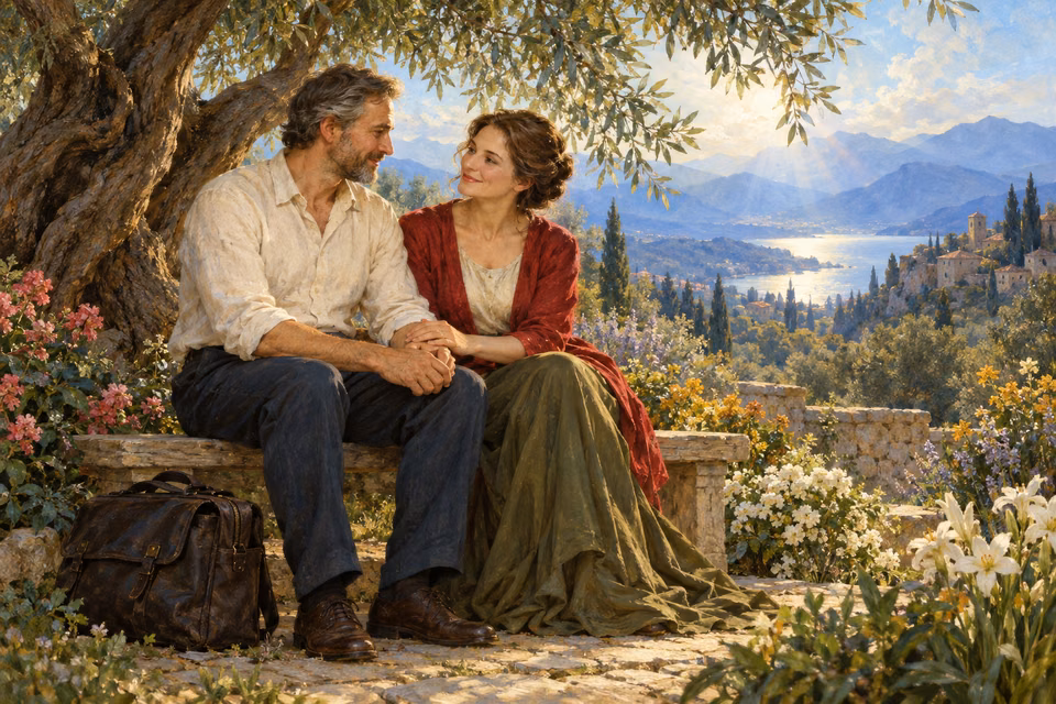 Oil painting of two relieved friends sitting beneath an olive tree in a quiet garden, their hands joined and a heavy work bag set down at their feet.