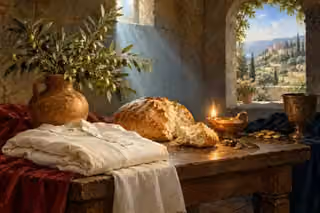 Bread, folded linen, an olive branch and a glowing oil lamp express contentment beside subdued gold coins.