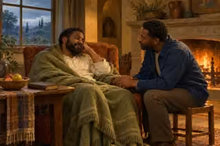 A faithful friend sits beside a weary man and gently holds his hand.
