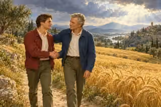 Two men clasp hands warmly beside a wheat field as light breaks through clouds.