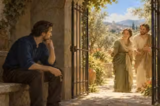 A solitary man hesitates inside an open enclosure while two friends welcome him outside.