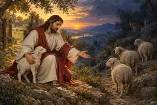 A shepherd in ivory and crimson cradles a lamb and reaches toward scattered sheep on a rocky hillside, with two wolves above and a safe pasture beyond an open gate.