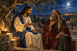 Jesus and Nicodemus sit beneath an olive tree at night, speaking gently by lamplight above Jerusalem.