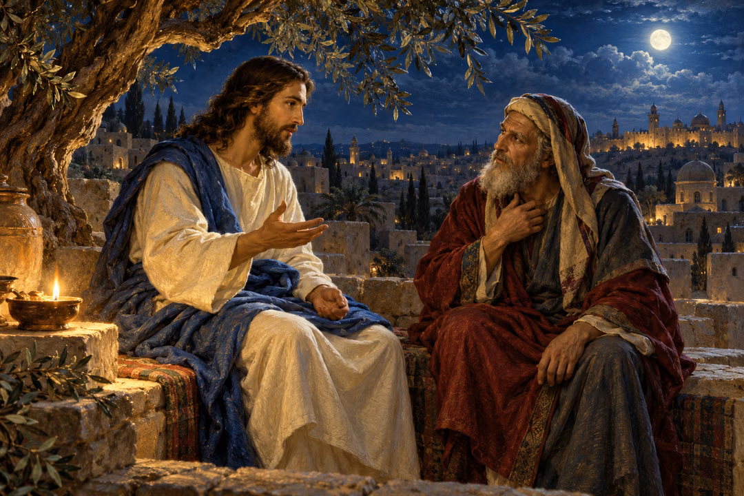 Jesus and Nicodemus sit beneath an olive tree at night, speaking gently by lamplight above Jerusalem.