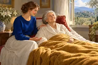 A young woman gently rests a hand on an elderly woman's shoulder as they share a peaceful moment of prayer beside lilies and an open bedroom window.