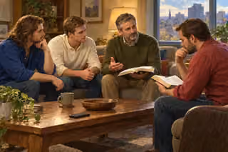 Four men patiently weigh a religious claim through scripture in a contemporary living room.