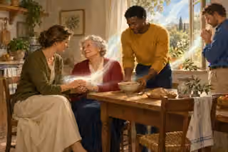 In a humble kitchen, neighbors share care and prayer as Spirit light illuminates their compassionate hands.