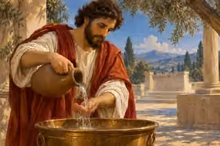 David washes his hands in a bronze basin before entering a place of worship.