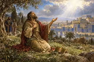 Nebuchadnezzar kneels in dew-bright grass, one hand to his chest and the other lifted toward heavenly rays; his crown lies beside him, with attendants, a grazing ox and Babylon beyond.