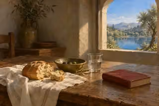 Bread, olives, water and a closed book rest beside a window overlooking still water.