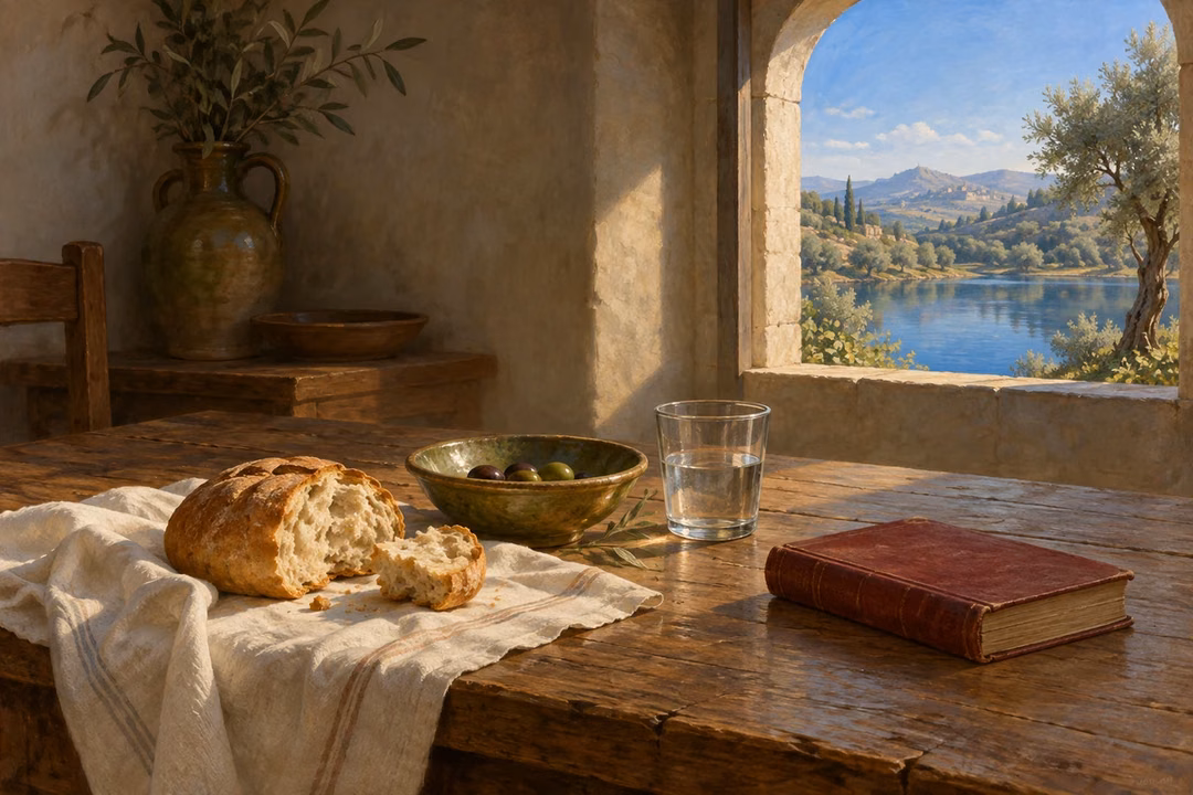 Bread, olives, water and a closed book rest beside a window overlooking still water.