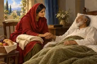 A South Asian visitor comforts an older man and brings him a warm woolen blanket.